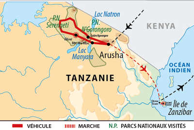 Carte de l'itinéraire Safaris et Zanzibar