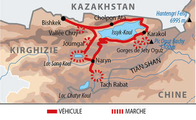 Carte de l'itinéraire trek chez les nomades kirghiz