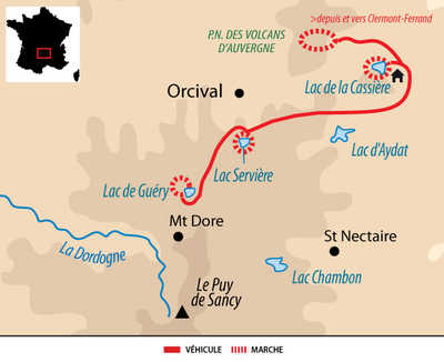 Carte de voyage dans le  Massif Central en Auvergne