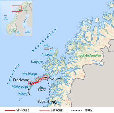 Carte de voyage dans le Nord de la Norvège l'hiver en raquettes
