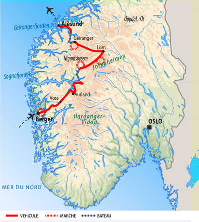 Carte de voyage dans les fjords du sud norvégien