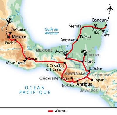 Carte de voyage de la Grande découverte des civilisations de Mésoamérique