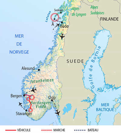 Carte de voyage en Norvège du Sud au Nord