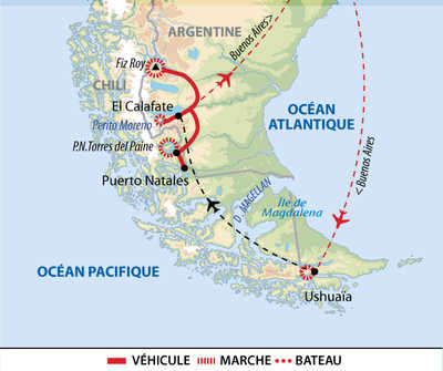 Carte de voyage entre Argentine et Chili : Patagonie