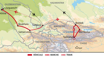 Carte de voyage entre l’Ouzbékistan et la Kirghizie