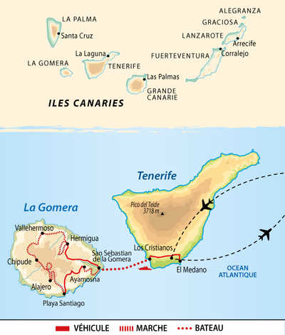 Carte de voyage entre Tenerife et la Gomera
