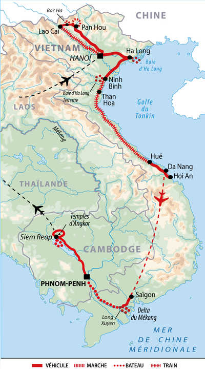 Carte de voyage grande découverte du Vietnam et du Cambodge