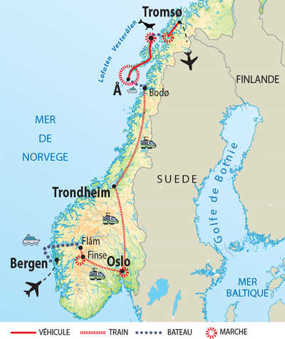 Carte de voyage en Norvège du Nord au Sud en train et rando