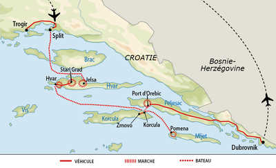 Carte de voyage sur les îles de Hvar, Mljet et Korcula