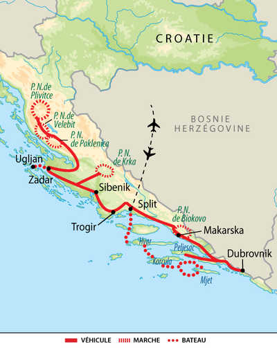 Carte des parcs du nord aux îles de la Dalmatie
