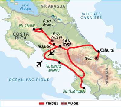 Carte du circuit en famille au Costa Rica