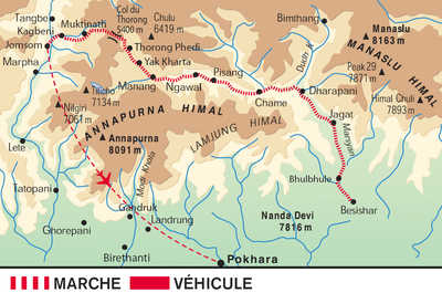 Carte du tour des Annapurnas au Népal