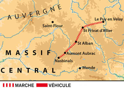 Carte du trek du chemin de Compostelle dans le Massif Central