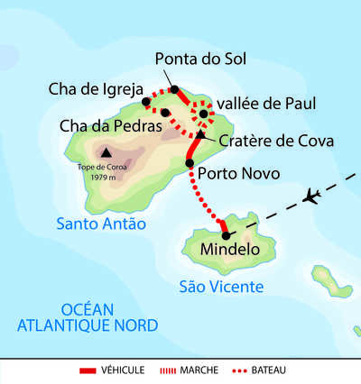 Carte du trek itinérant à Santo Antao