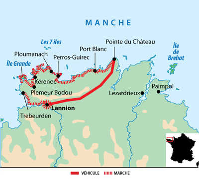 Carte du trek sur la côte de Granit Rose et l'île de Bréhat