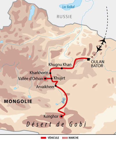 Carte du voyage en Mongolie