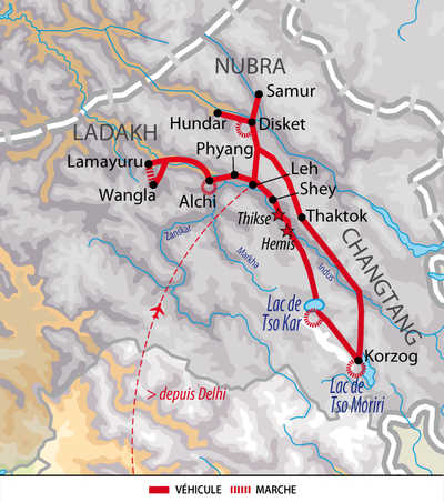 Carte du voyage monastères, dunes et lacs du Ladakh en Inde Himalayenne
