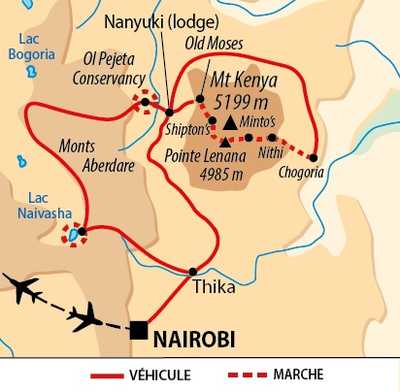 Carte du voyage mont Kenya et safaris