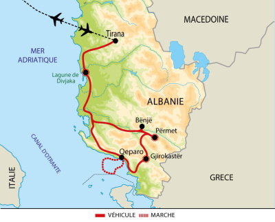 Carte itinéraire circuit EALBAFAM, Albanie