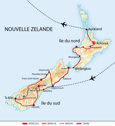 Carte itinéraire circuit ONZFIT Nouvelle Zélande