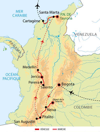 Carte itinéraire circuit UKOLOMB Colombie