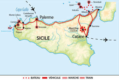 Carte itinéraire voyage de 15 jours en Sicile