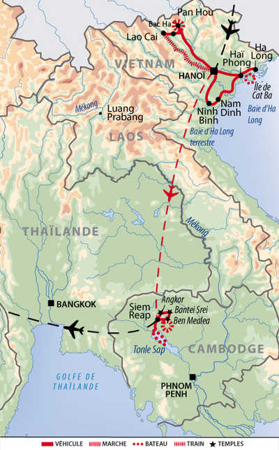 Carte Le nord du Vietnam et les temples d'Angkor