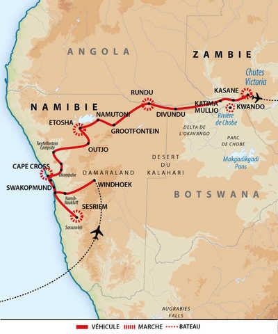 Carte Namibie - Bostwana - Zimbabwe