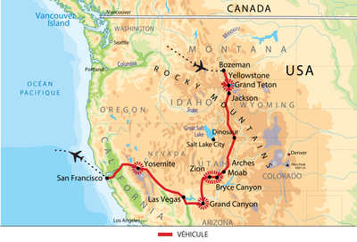Carte : voyage de Yellowstone à San Francisco