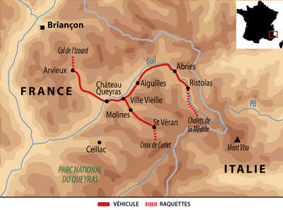 Carte voyage France Alpes Queyras Raquettes Reveillon