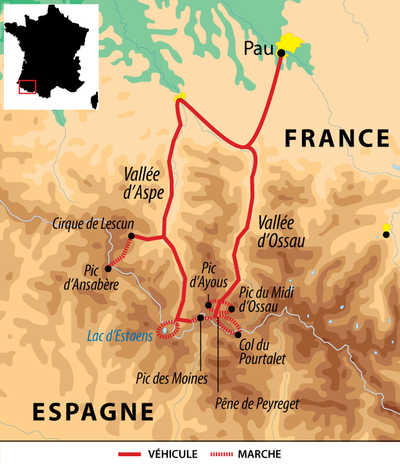 Carte voyage France Pyrenees Pau Aspe Ossau