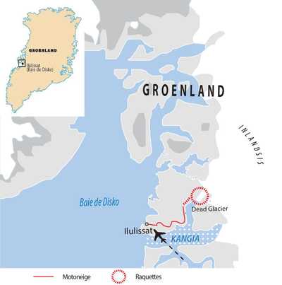 Carte voyage motoneige et raquettes au Groenland l'hiver