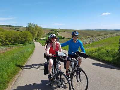 Des Cyclistes sur une montée entre les vignes de Chablis
