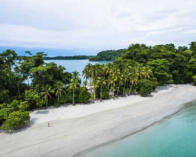 Vue aérienne de la plage turquoise avec du sable blanc au Panama, Isla Iguana dans la baie de san Miguel