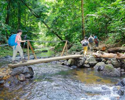 Groupe de randonneurs traversant une rivière au Costa Rica