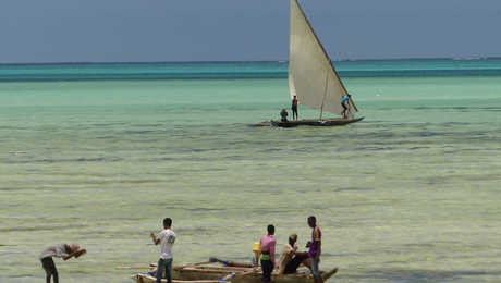 Boutres et enfants dans le lagon à Jambiani, Zanzibar