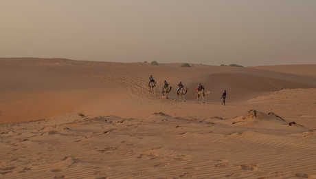 randonneurs en balade a chameaux dans le désert de Lompoul au Sénégal