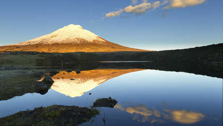 Reflet et cône parfait du Cotopaxi sur la lagune Limpiopungo en Equateur