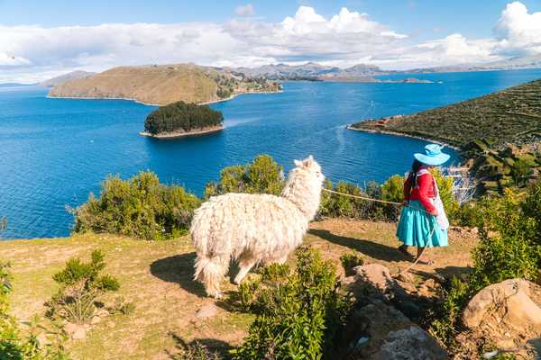 Enfant tenant un lama devant le lac Titicaca, sur la Isla del Sol au Pérou