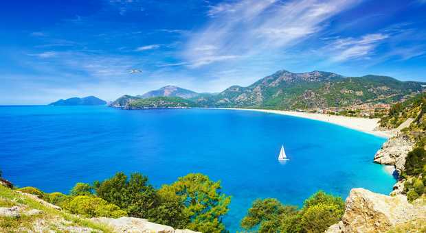 Vue sur la plage et le lagon d'Oludeniz, Lycie, Turquie