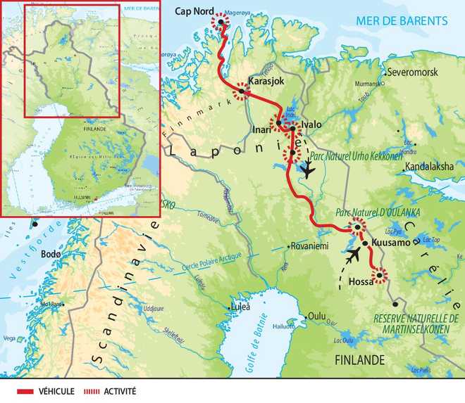 Carte détaillée du voyage en Laponie Norvège et Finlande - © 66 Nord Carte détaillée du voyage en Laponie Norvège et Finlande