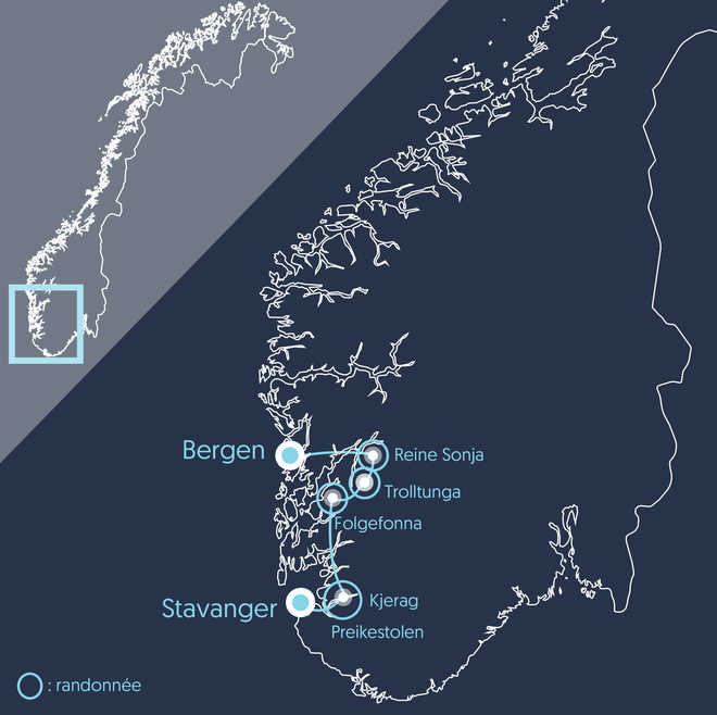 Carte du trek dans le Sud de la Norvège - © 66 Nord Carte du trek dans le Sud de la Norvège