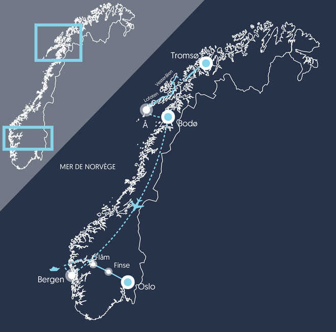 Carte du voyage de la Norvège du Nord au Sud - © 66 Nord Carte du voyage de la Norvège du Nord au Sud