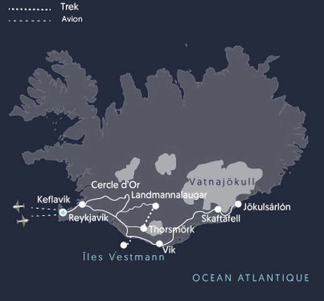 Carte itinéraire de voyage en Islande