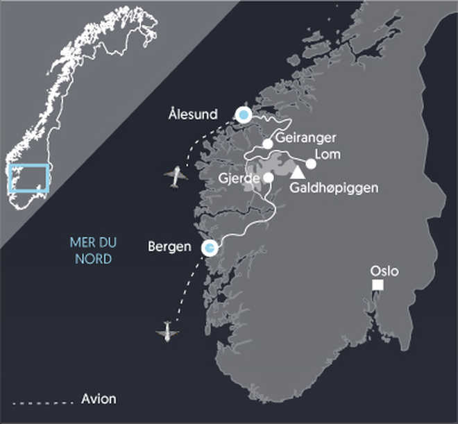 Carte itinéraire de voyage en Norvège du Sud
