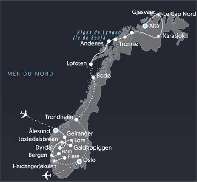 Itinéraire de voyage en Norvège du Sud au Nord