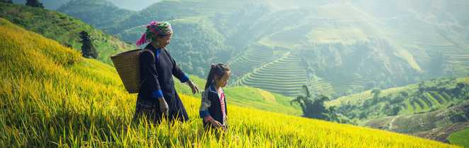 Une femme et une fille dans les rizières de Ha Giang au Vietnam