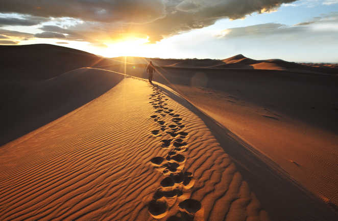 Marcheur dans le dunes de Namibie