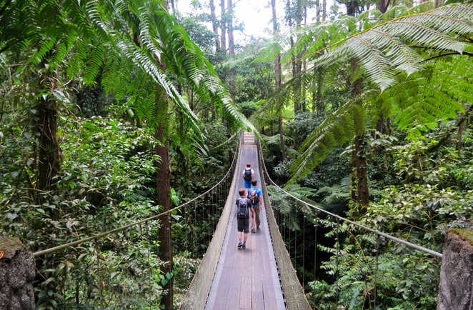 Randonneurs sur un pont suspendu au Costa Rica